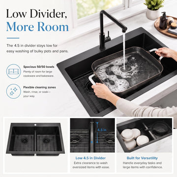 33''x22''Black Double Bowl Kitchen Sink, 50/50 T304 Stainless Steel Drop Sinks, Topmount Large and Deep Workstation