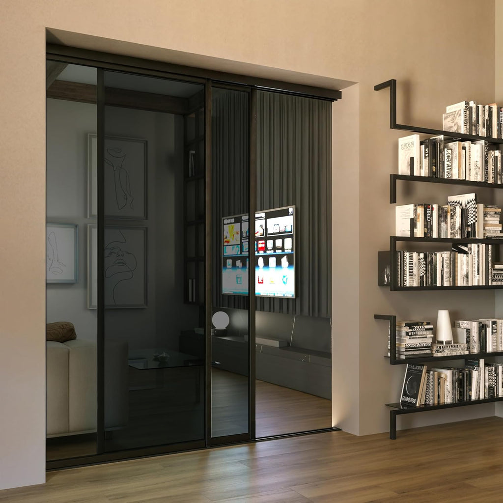 Glass Room Divider and Sliding Glass Closet Doors - Smoked Frosted Partition Wall - Clear, Smoked an
