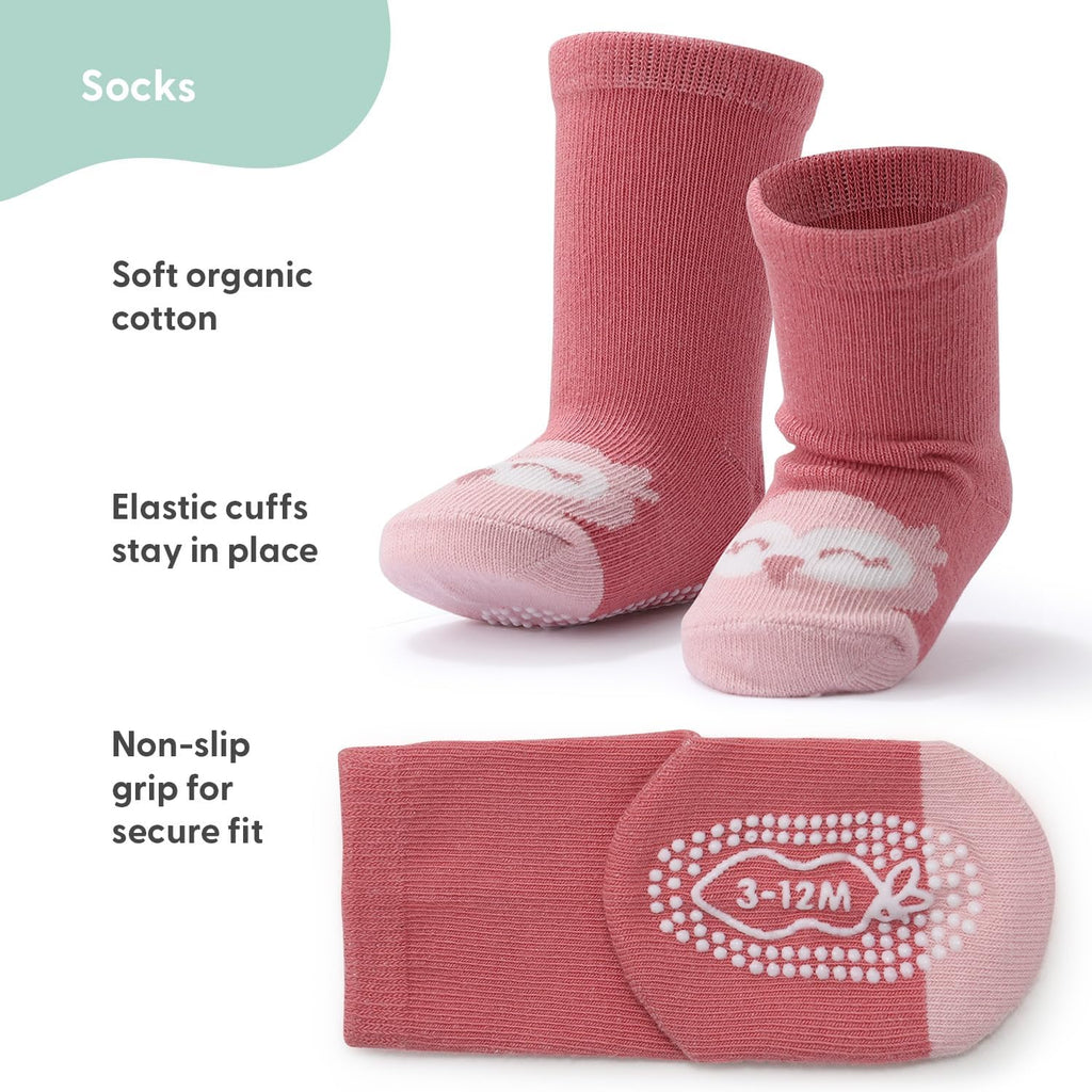 Organic Baby Girl Socks Set of Non-Slip Grip, Soft Cotton & Toddler Socks - Blush