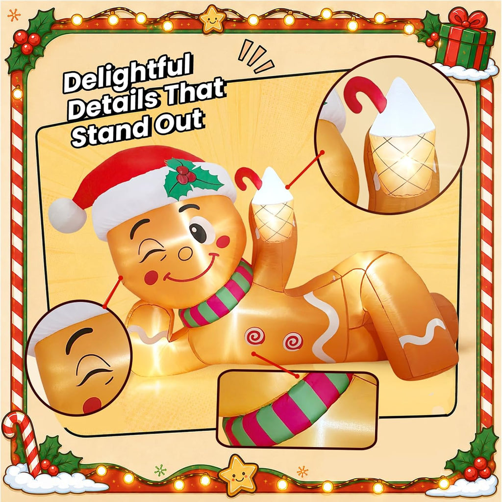 10FT Christmas Inflatable Funny Lying Gingerbread Man for Roof & Yard Decor