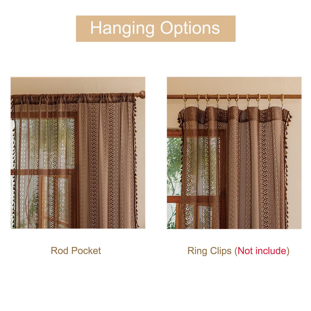 Dark Coffee Lace Boho Curtains Nursery, Crochet Semi Sheer Macrame Bohemian Cottage Farmhouse Fringes Vintage Chic