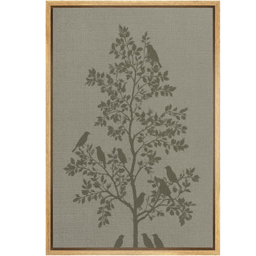 Framed Canvas Print Wall Art Birds On Tree Linen Texture Silhouette Illustrations Fine Art Mid-Century - 16"x24"