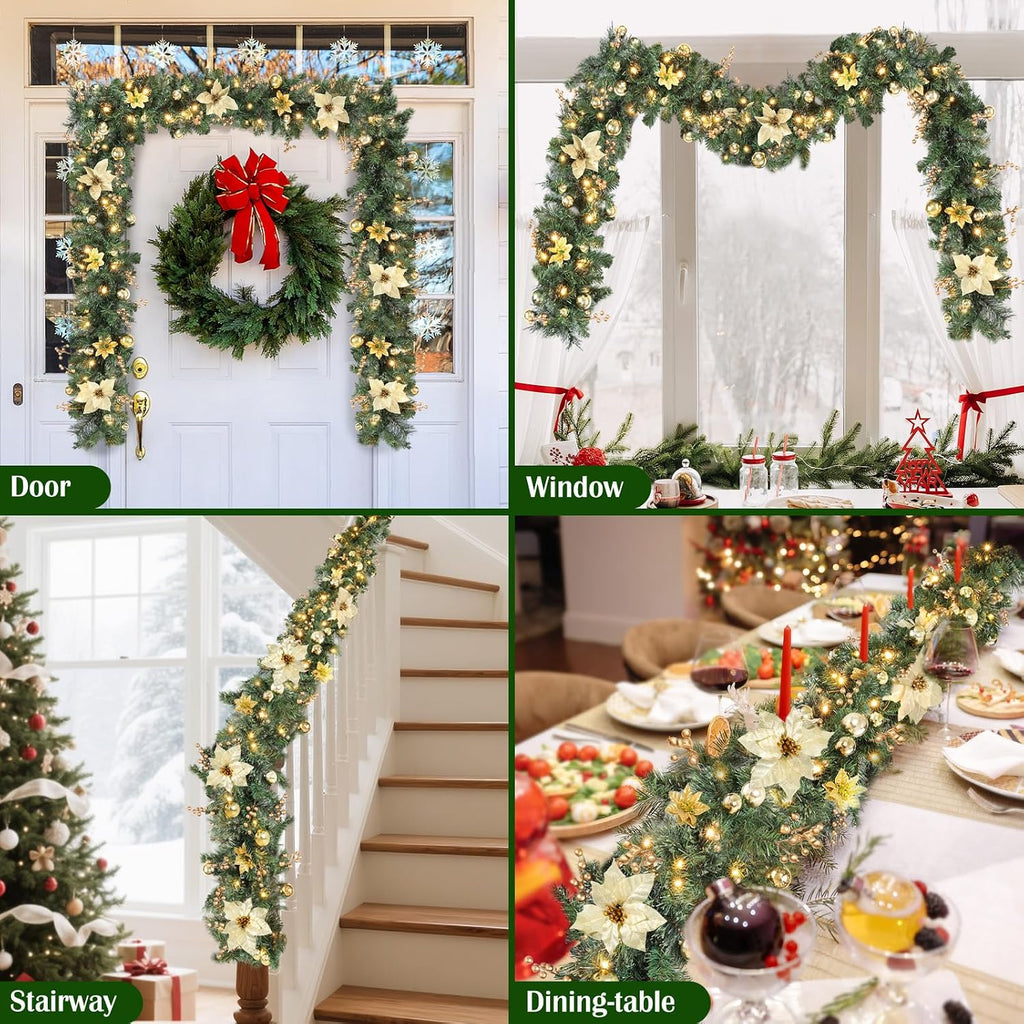 9FT Prelit Christmas Garland for Mantle, Gold Poinsettia, 50 LED