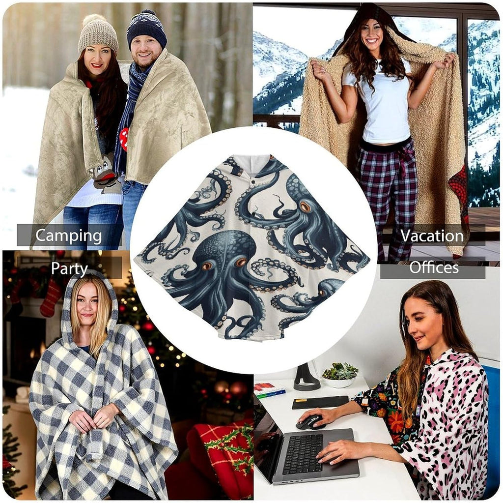 Octopus Pattern Wearable Blanket Hoodie Flannel Hooded Blanket | Sweatshirt Oversized Cozy Sweater Gift