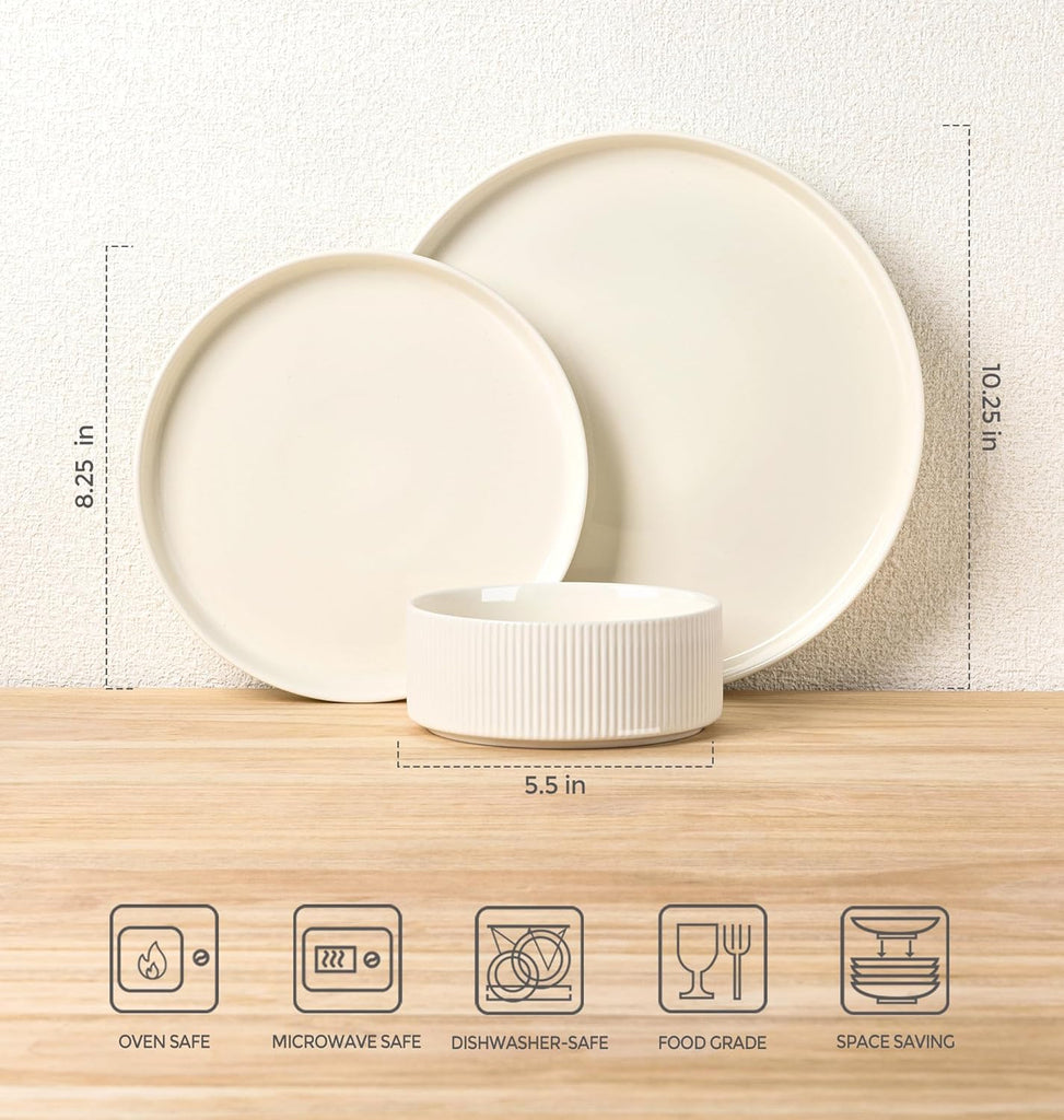Ceramic Dinnerware Sets for 4, 12 Pieces Porcelain Lightweight Plates and Bowls Sets, Scratch Resistant Dish Set