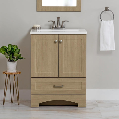 24 Inch Bathroom Vanity with White Single Sink Top, 2-Door Cabinet, 1 Drawer, 24.5" W x 18.75" D x 32.89" H, Sandy Oak A133-B0DW67KD3S