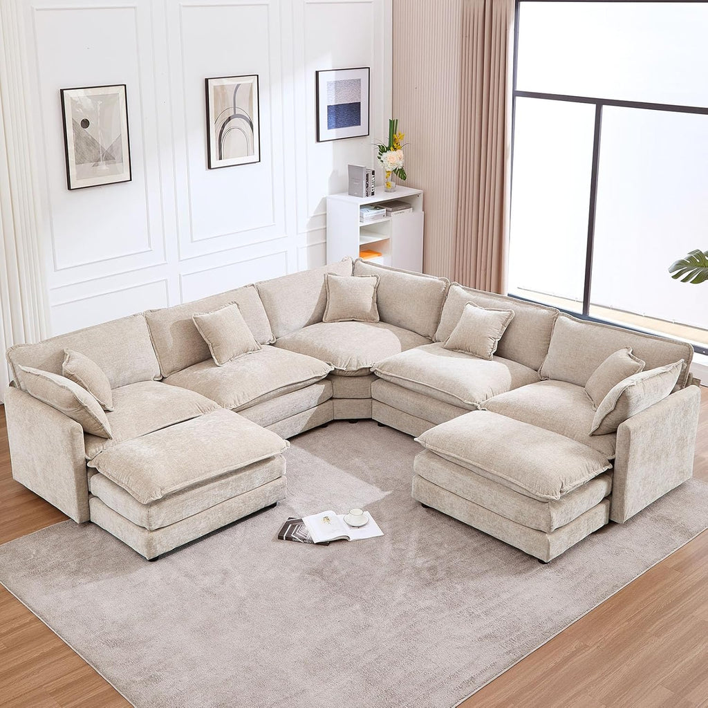 Cloud Couch Oversized Modular Sectional Sofa , Modern Chenille 7 Seater Corner Sofa with Deep Seat, Large U-Shaped