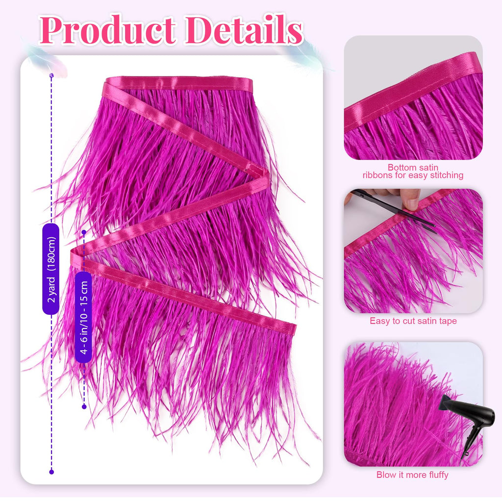 Pink Ostrich Feathers Trim Sewing Fringe 2Yard 4-6inch for DIY Dress Sewing Craft Clothing Latin Wedding Dress