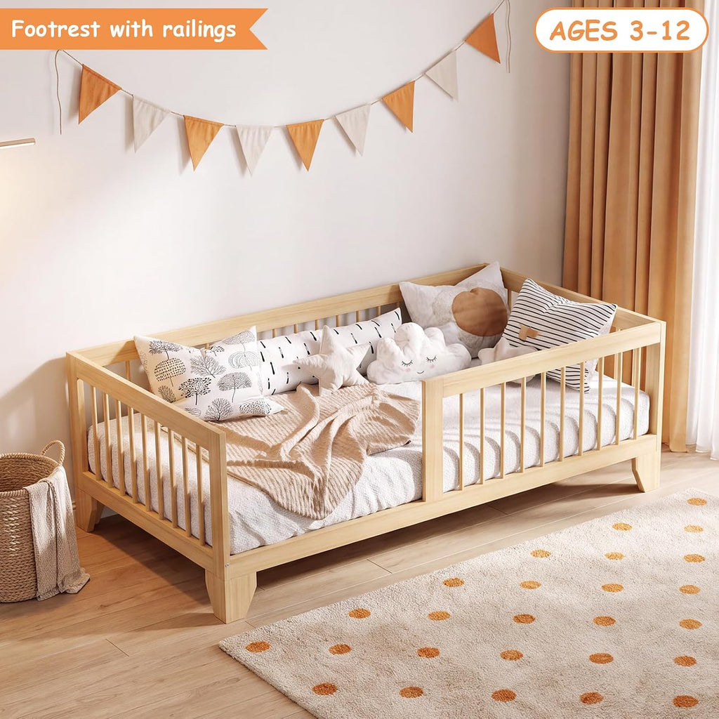 Montessori Floor Bed for Kids, Removable Rails, Burlywood
