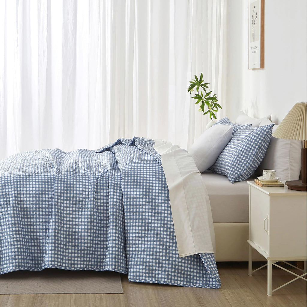 Blue Gingham Quilt Bedding Set, Vintage Plaid Grid Bedspread Checkered Pattern Lightweight Comforter for