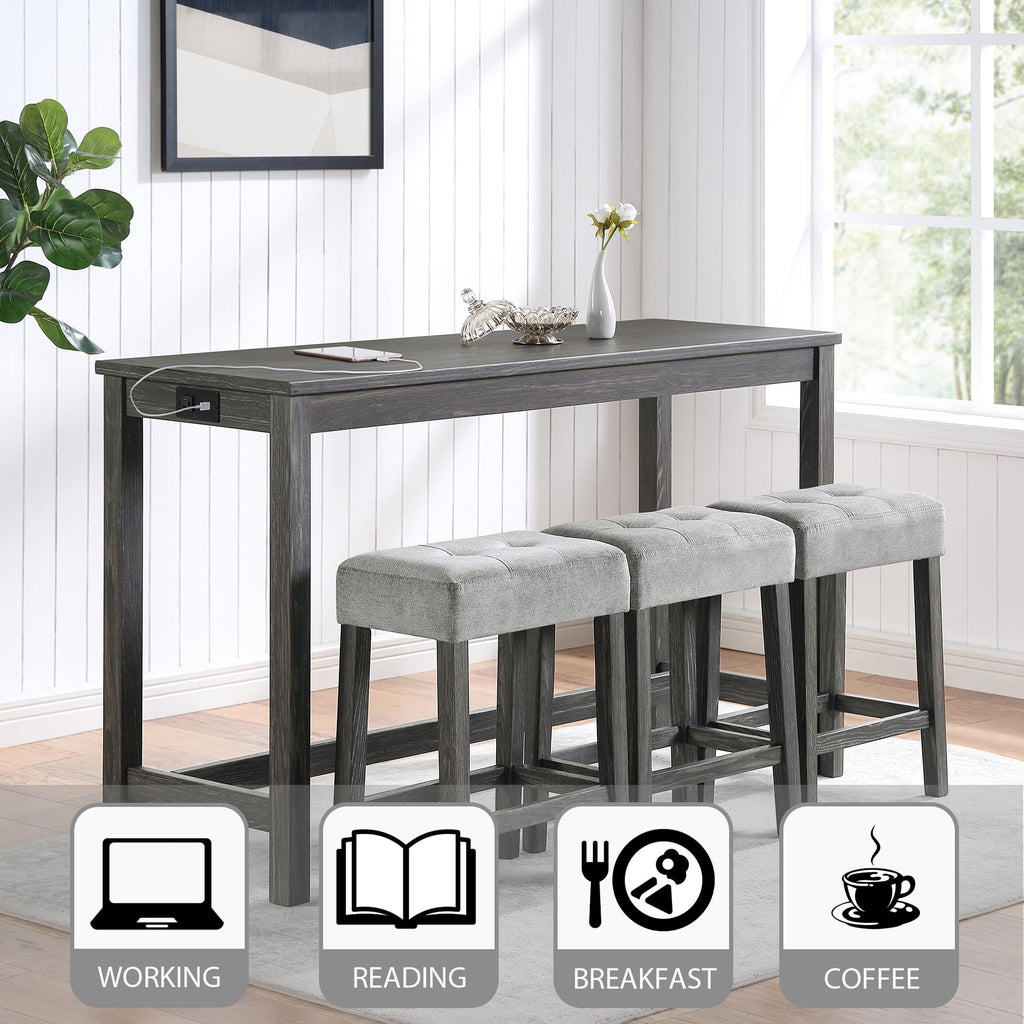 Industrial Bar Table Set with Power Outlet, 4-Piece Counter Height Dining Set with Linen Fabric Stools, Breakfast