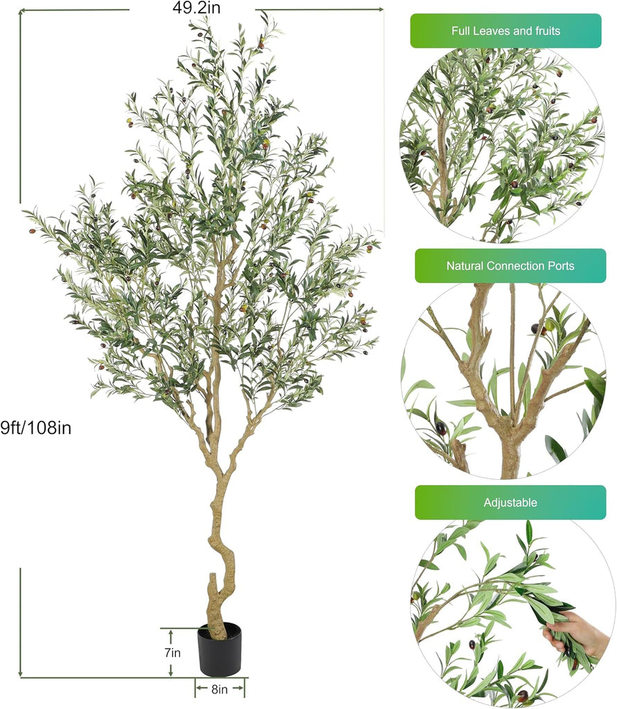 Tall Faux Olive Tree,9ft(108in) Realistic Potted Silk Artificial Olive Tree, Fake Olive Trees Indoor with Green