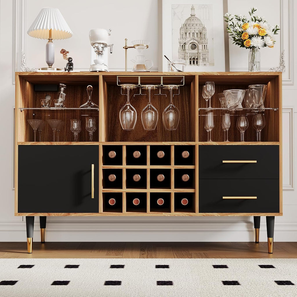 47 Inch Modern Bar Cabinet, Wood Sideboard Buffet with LED Lights, Charging Station, Wine Rack, Drawers & Doors