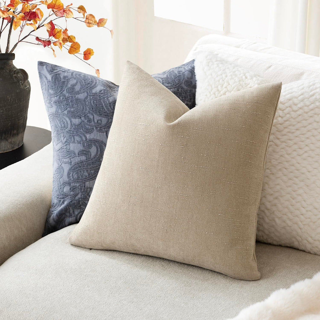 Solid Textured Chenille Throw Pillow Covers 16x16 Inch, Beige