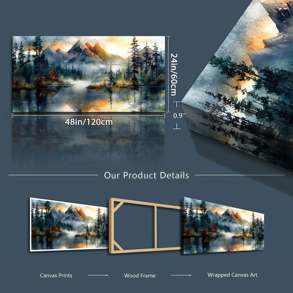Large Mountain Cabin Wall Art 48x24 Rustic Lake Panoramic Canvas Print