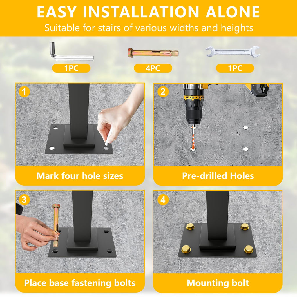 Single Post Handrail, 1 or 2 Steps Handrails for Outdoor Steps, Rust-Proof Wrought Iron Stair Railing for Seniors