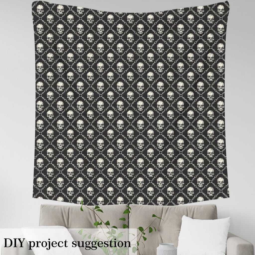 Gothic Skulls Fabric by The Yard, Halloween Theme Soft Polyester No Stretch Fabric, Hippie Skull Chain Decorative