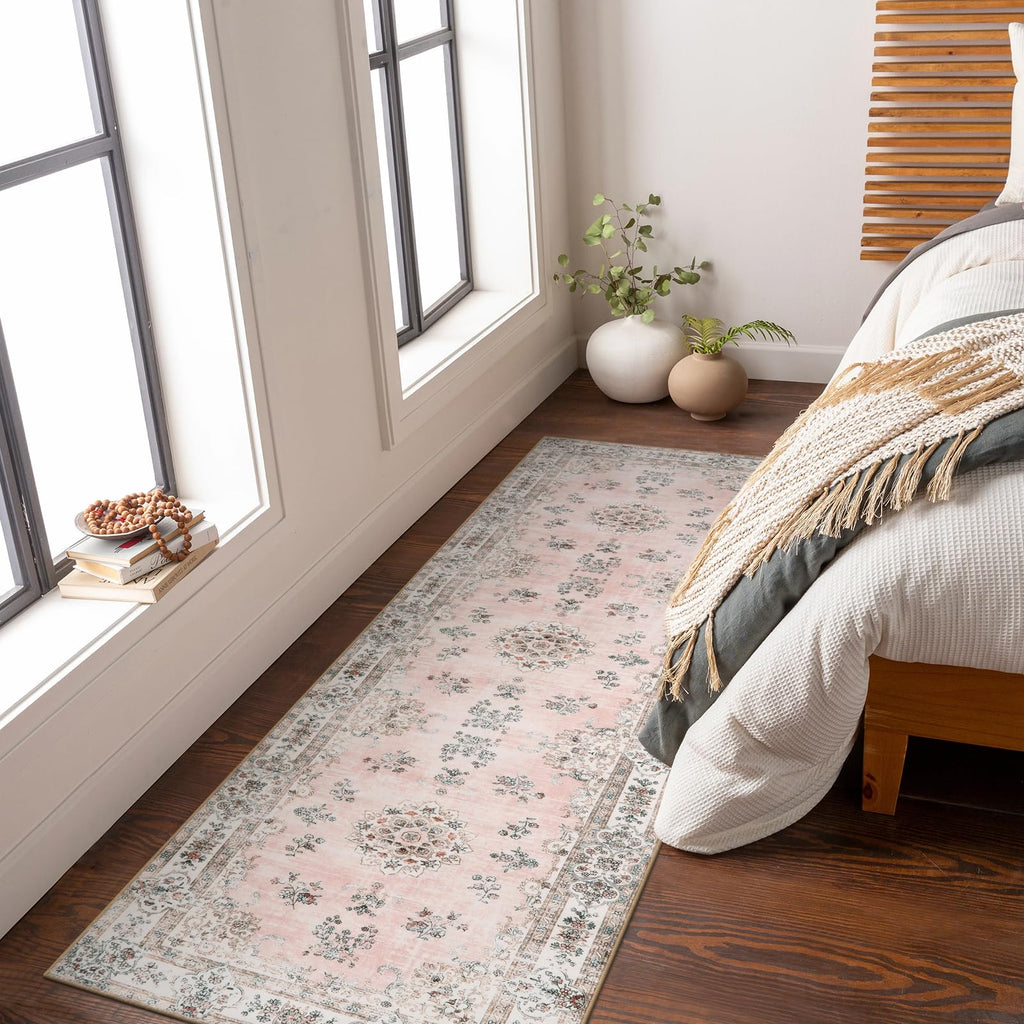 Pink Runner Rugs, Europe Vintage Floral Print Washable Runner Bathroom Entryway, Faux Wool Non-Slip Stain