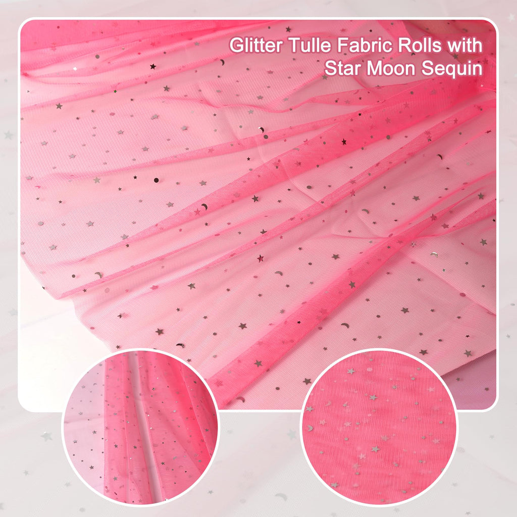61"Width Glitter Tulle Fabric with Star Moon Sequin, 100% Polyester, Sparkly Fabric for Tutu Skirt Bridal Veil