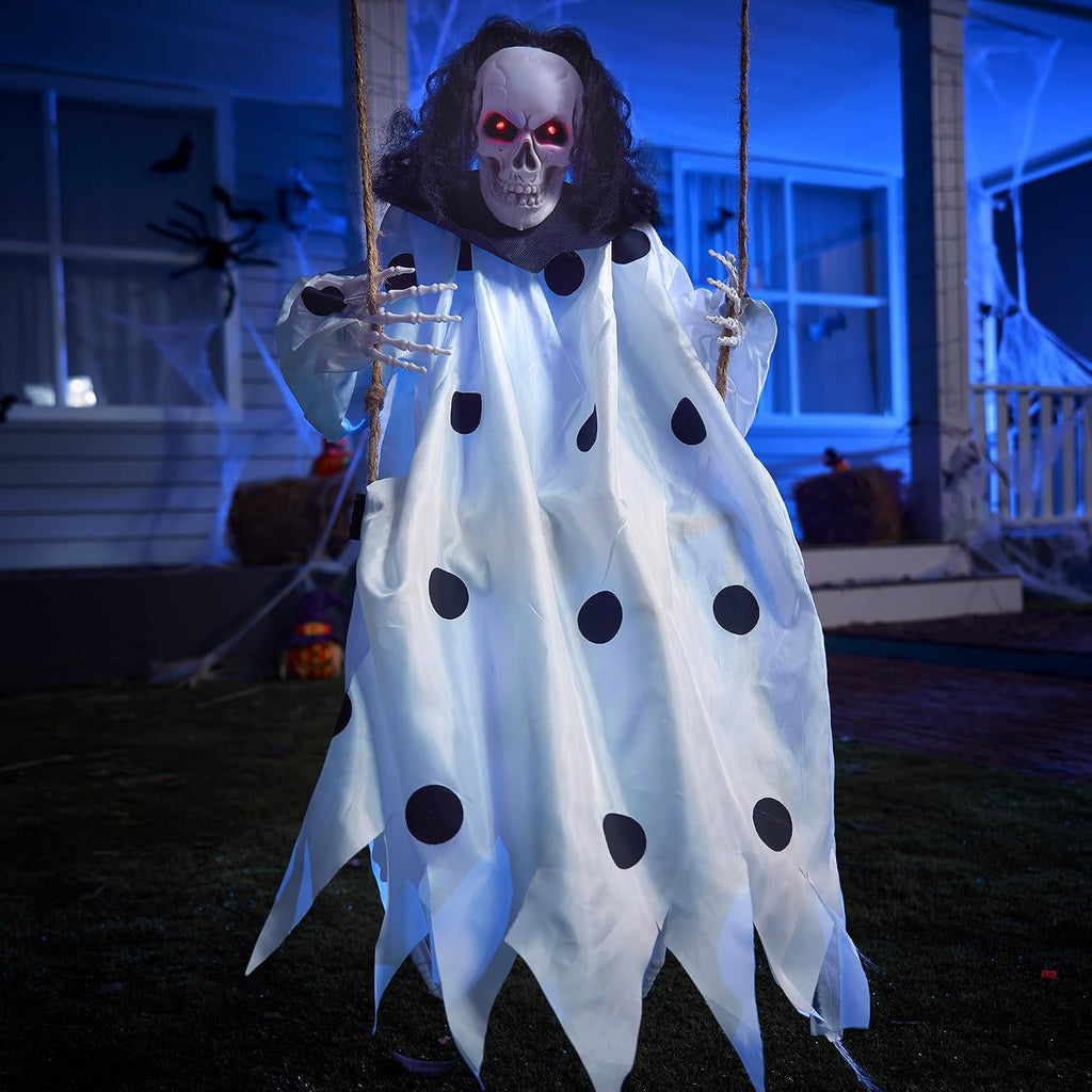 36" Hanging Clown Outdoor Halloween Decorations, Swinging Skeleton Decor with Light Up Eyes Button Battery Operated