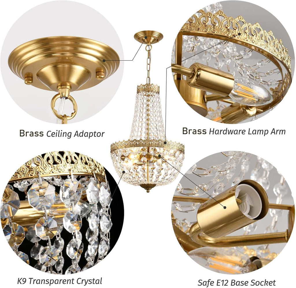 French Empire K9 Crystal Mini Chandelier - 4-Light Brushed Brass Basket, 19.7 Inch H x 12.6 Inch W