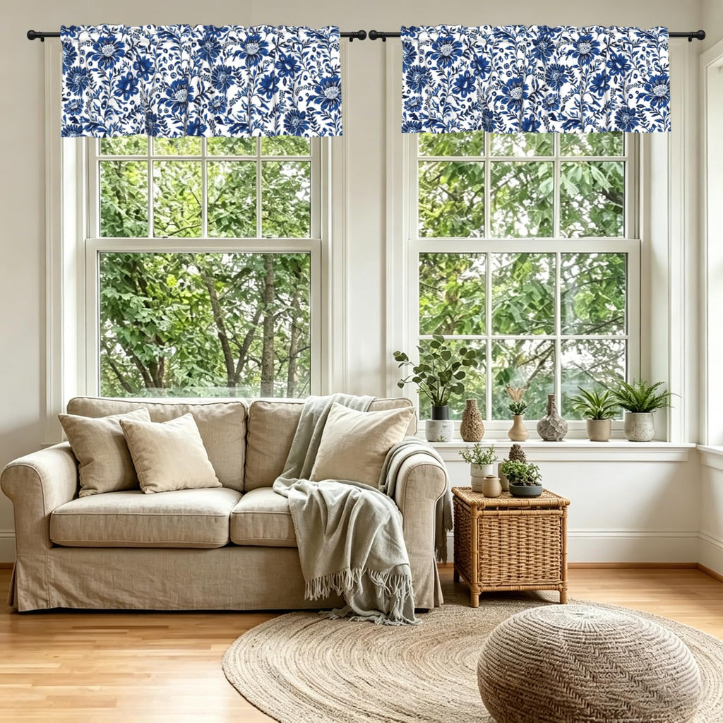 Navy Elegant Floral Kitchen Window Curtain 54"x18", Blue White Vintage Chinoiserie Flower Valance Farmhouse Window