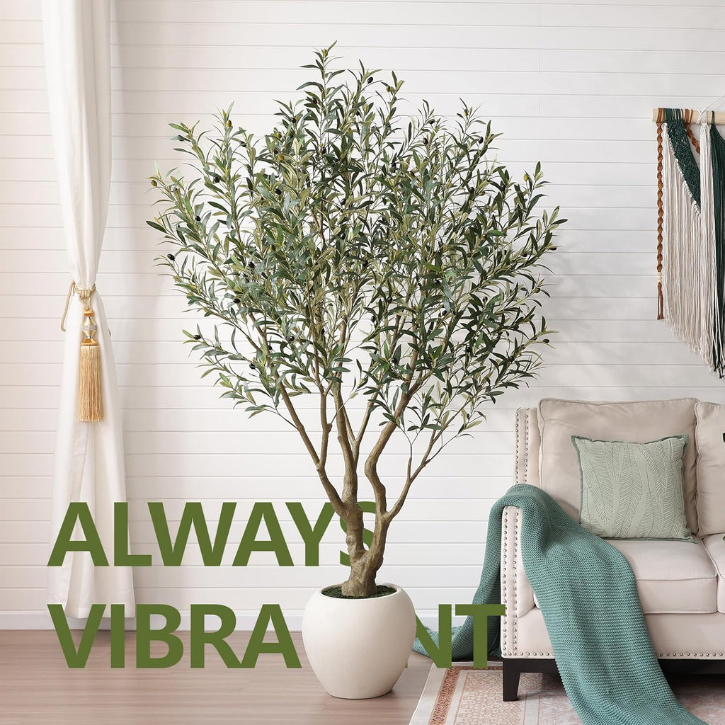 Artificial Olive Tree 7FT Faux Plant Home Decor - Large White Pot with Lifelike Silk Leaves, UV Resistant & No