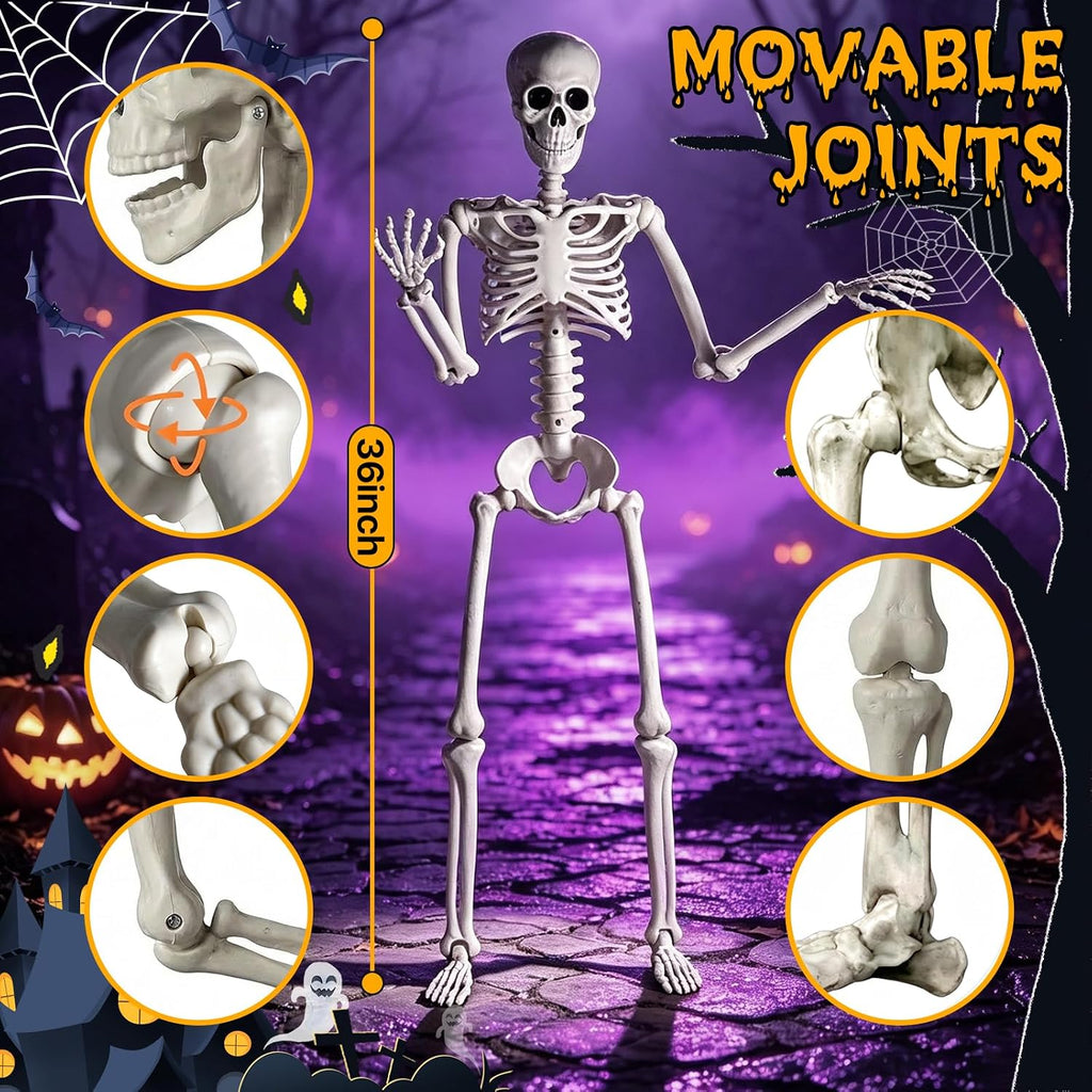 36.5" Halloween Skeleton, Full Body Life Size Posable Skeletons with Movable Joints, Realistic Plastic Human - Set of 2