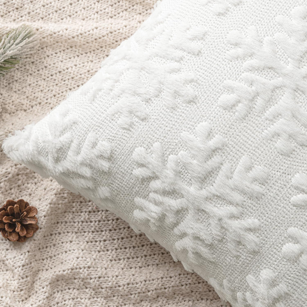 Christmas Pure White Throw Pillow Covers Snowflakes Decorative 18×18 Inch Faux Wool Winter Festival Couch Pillow - Set of 2