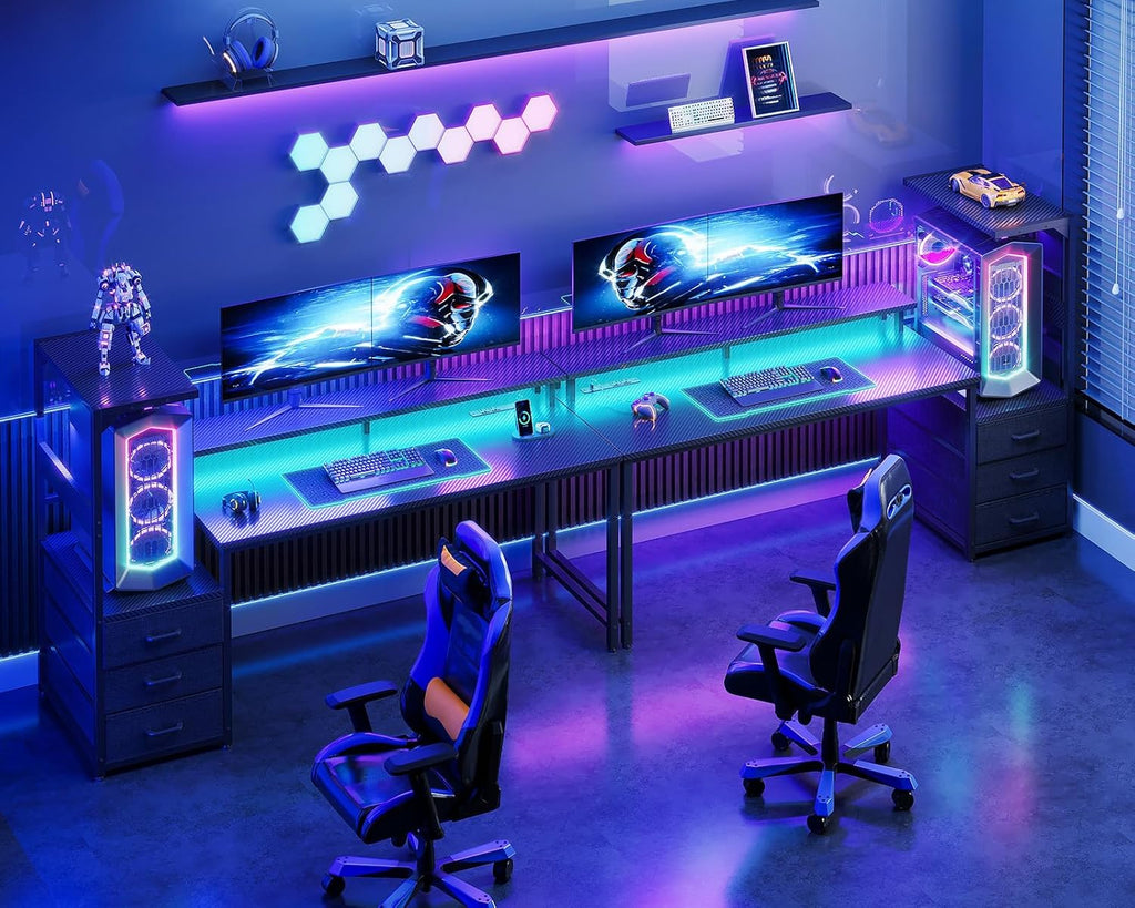 59 Inch Gaming Desk with USB Charging Ports & LED Light - Reversible Computer Desk with 3 Fabric Drawers, Monitor