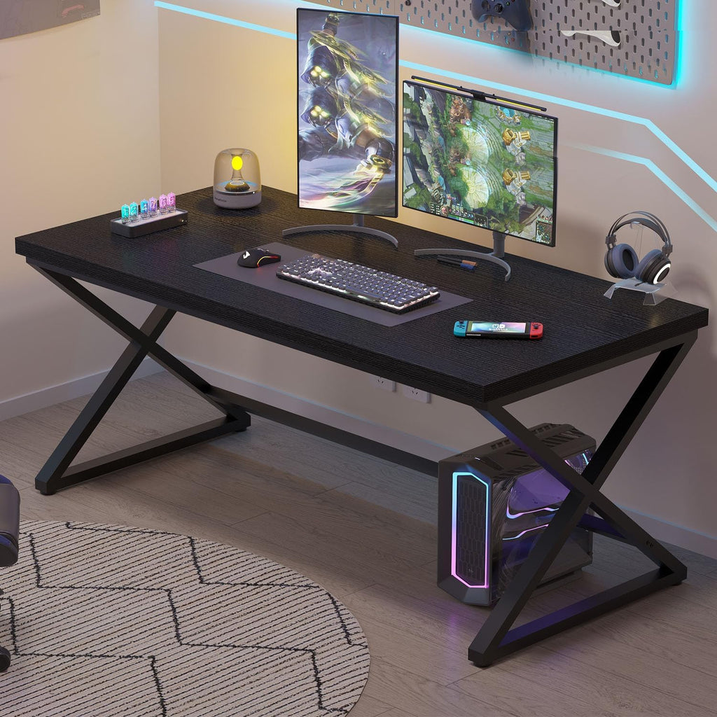 60 in Black Computer Desk Work Writing Study, Black Oak | Modern Simple Home Office Work Desk , Industrial Wood Metal