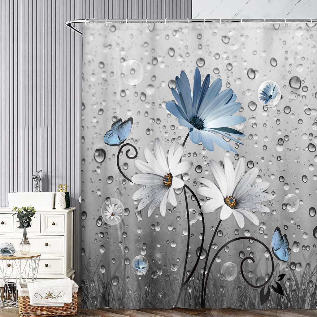 Rustic Farmhouse Blue Floral Shower Curtain, Farm Daisy Flowers and Butterfly Shower Curtain, Country Blue Gray
