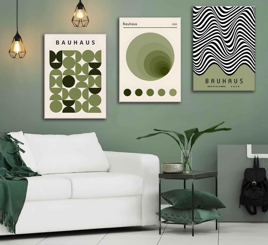 Green Bauhaus Wall Art, Mid Century Geometric Wall Decor, Set of 3, 12x16in