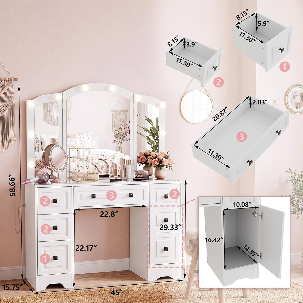 Vintage Vanity, White Vanity with Lighted Mirror & Third-Fold Mirror, Retro 5-Drawer Dressing Table with Glass Top