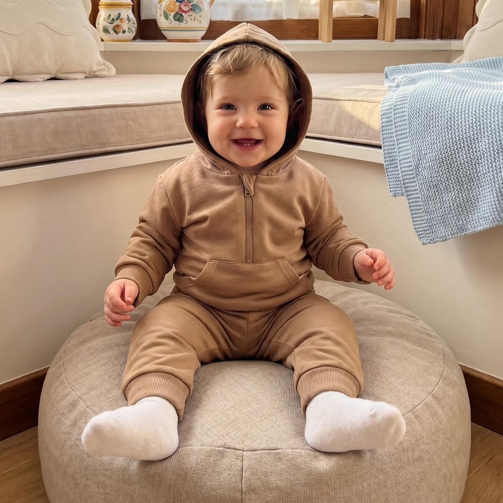 Toddler Baby Boy Clothes Zipper Hooded Sweatshirt Jogger Pants Set (Solid Brown, )