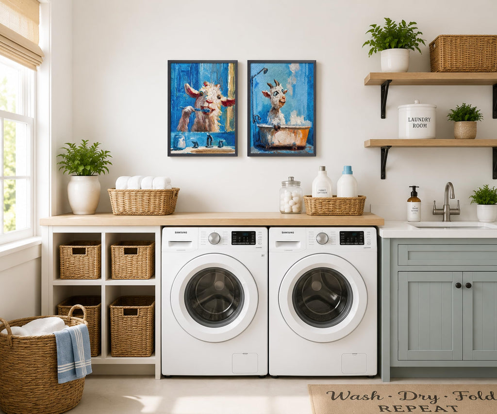 Funny Goat Bathroom Wall Art, Framed Canvas Set of 2, 12x16 in