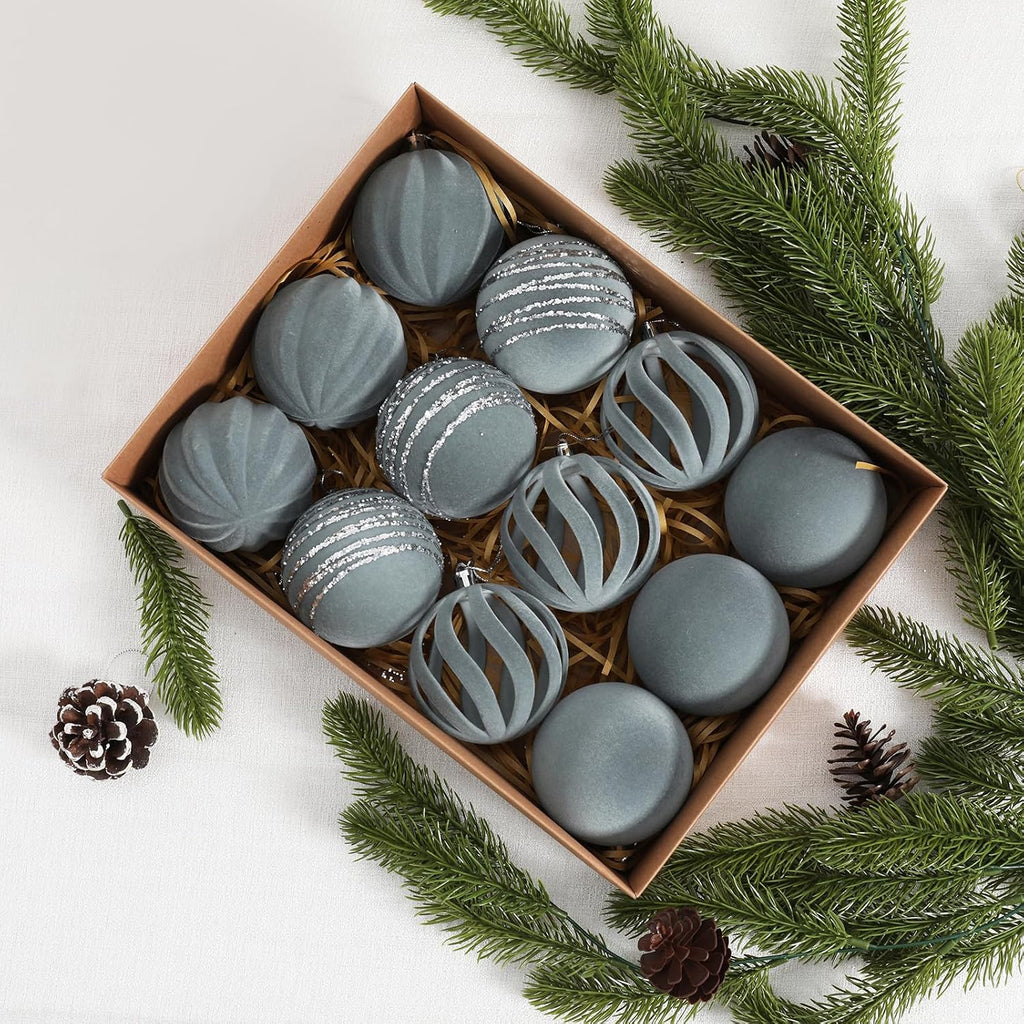 Ornaments Set of 12, 3.15", Dusty Blue Flocked Velvet Balls