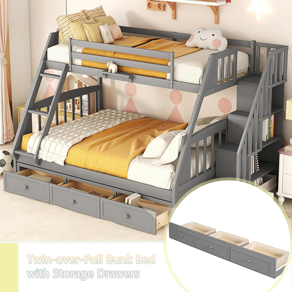 Wooden Twin Over Full Stairway Bunk Bed with Three Storage Drawer, Storage Staircase
