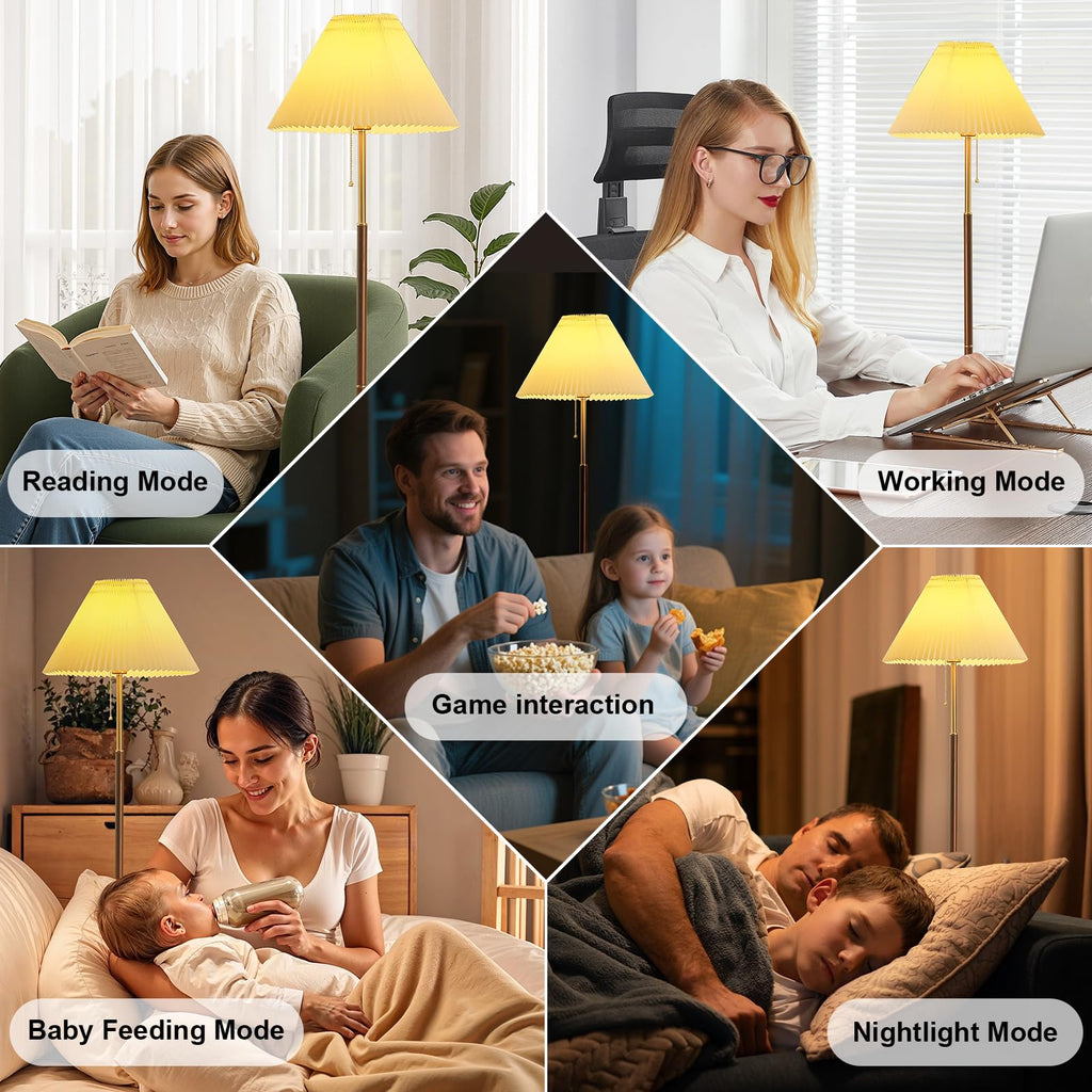 Pleated Lampshade Tall Floor Lamp Corner Bedroom Bedside Office, Brown Pole Lamp, Bright 12W Dimming Reading Light