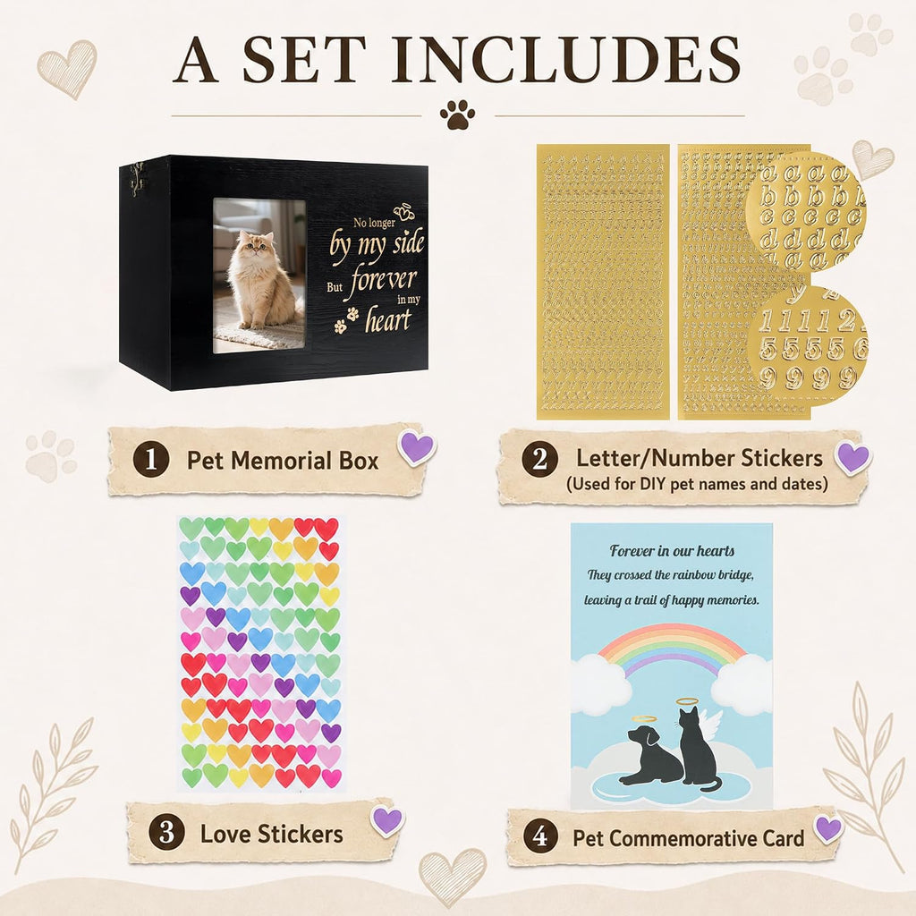 Pet Urns for Cats or Dogs Ashes with Photo Frame, Wooden Memory Box for Keepsakes with Black Flannel as Lining, Cat
