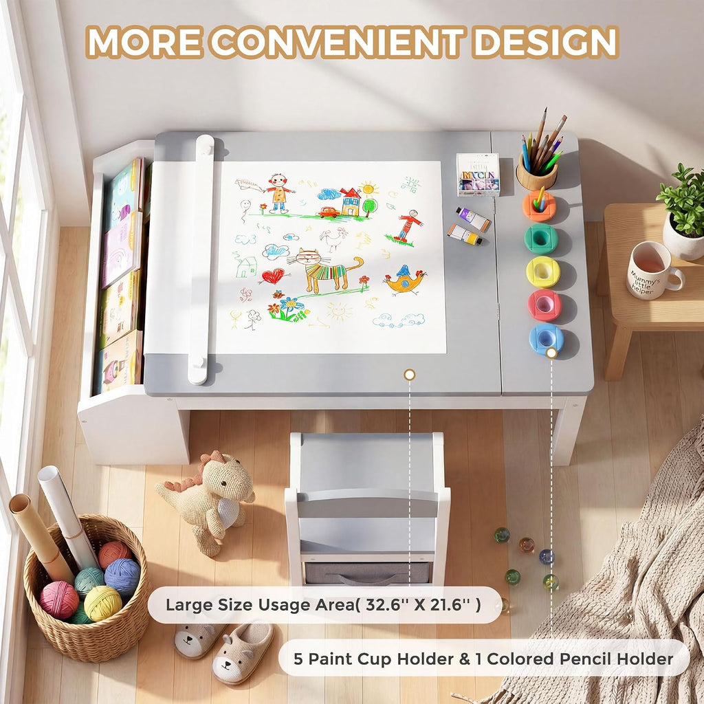 In-1 Kids Table and Chairs, Toddler Table and Chair Set with Drawers, Convertible Craft Play Desk with Art Easel &