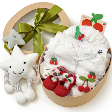 Cherry Baby Shower Gifts for Girls, Baby Girl Gifts Baskets with Musical Plush Toy, Blanket/Bodysuit Set, New Born
