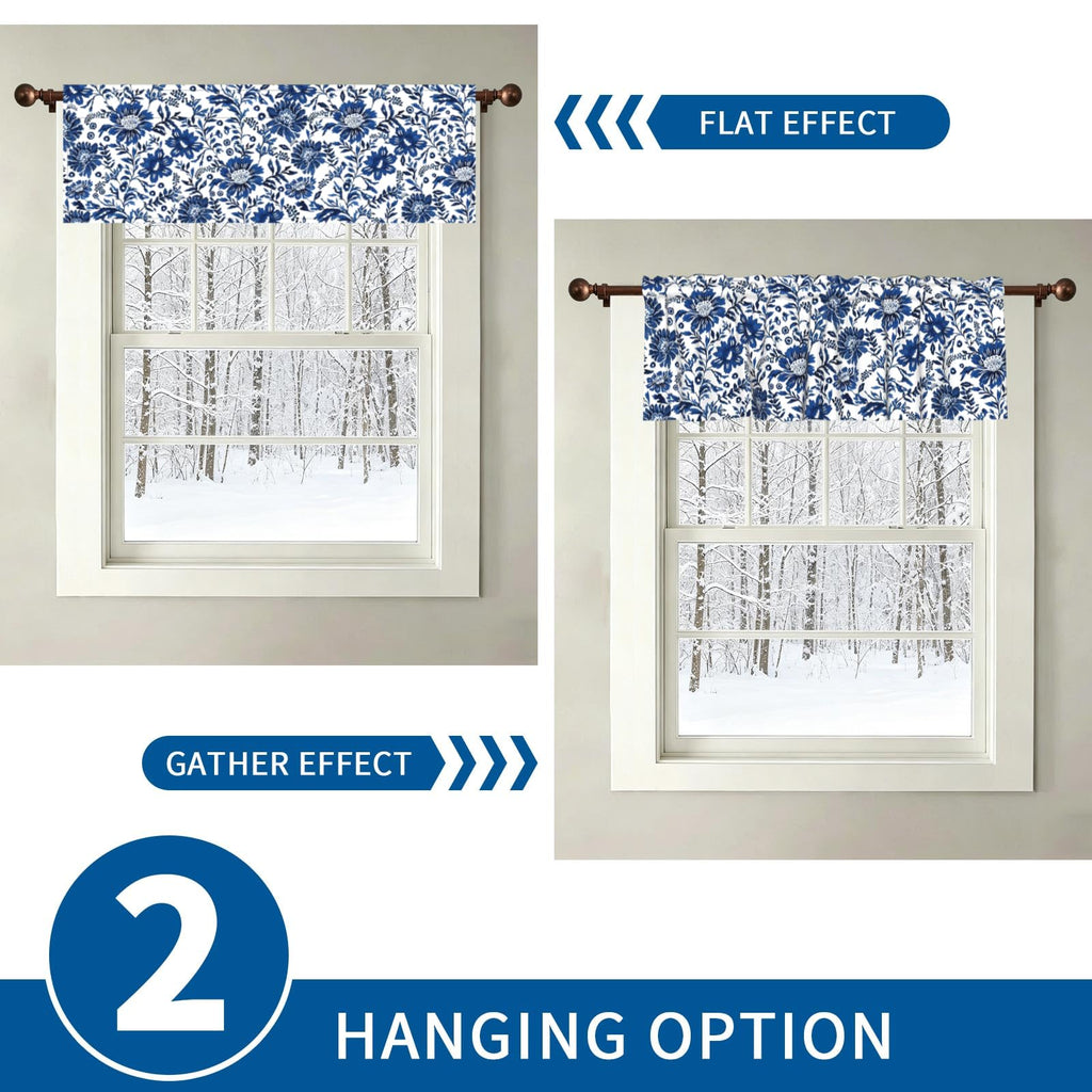 Navy Elegant Floral Kitchen Window Curtain 54"x18", Blue White Vintage Chinoiserie Flower Valance Farmhouse Window