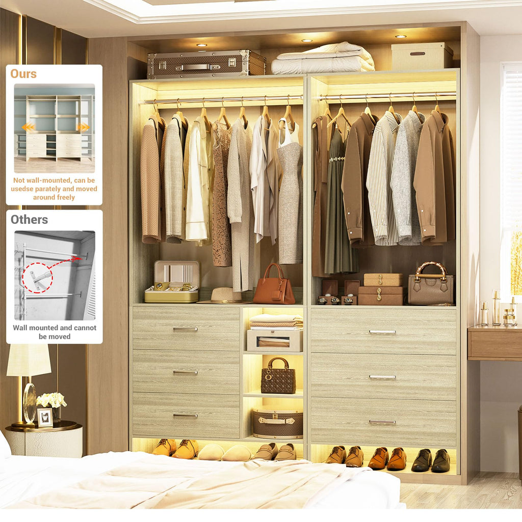 Closet System with 6 Drawers, 4.3ft, Set of 2, White Oak