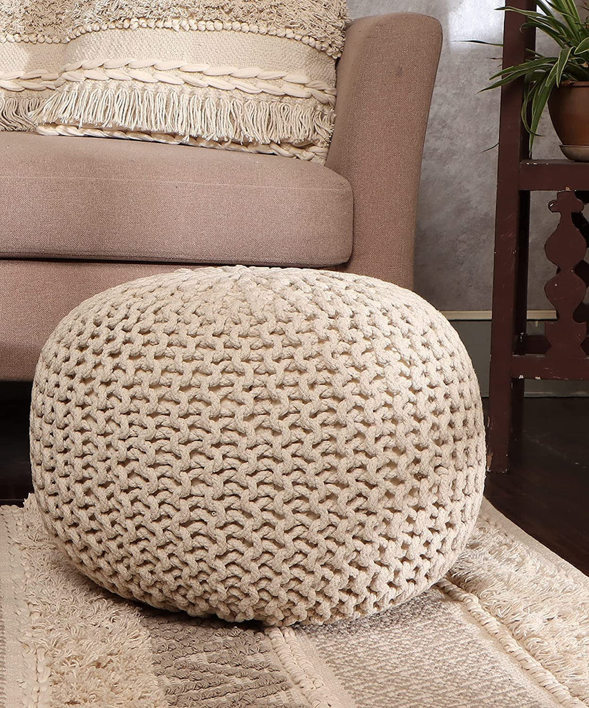 Round Pouf Ottoman - Hand Knitted Boho Poof Footrest - Ivory