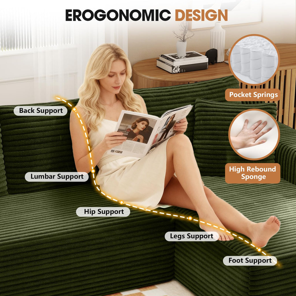 94.5" L-Shaped Minimalist Boneless Sofa (Green, Right)