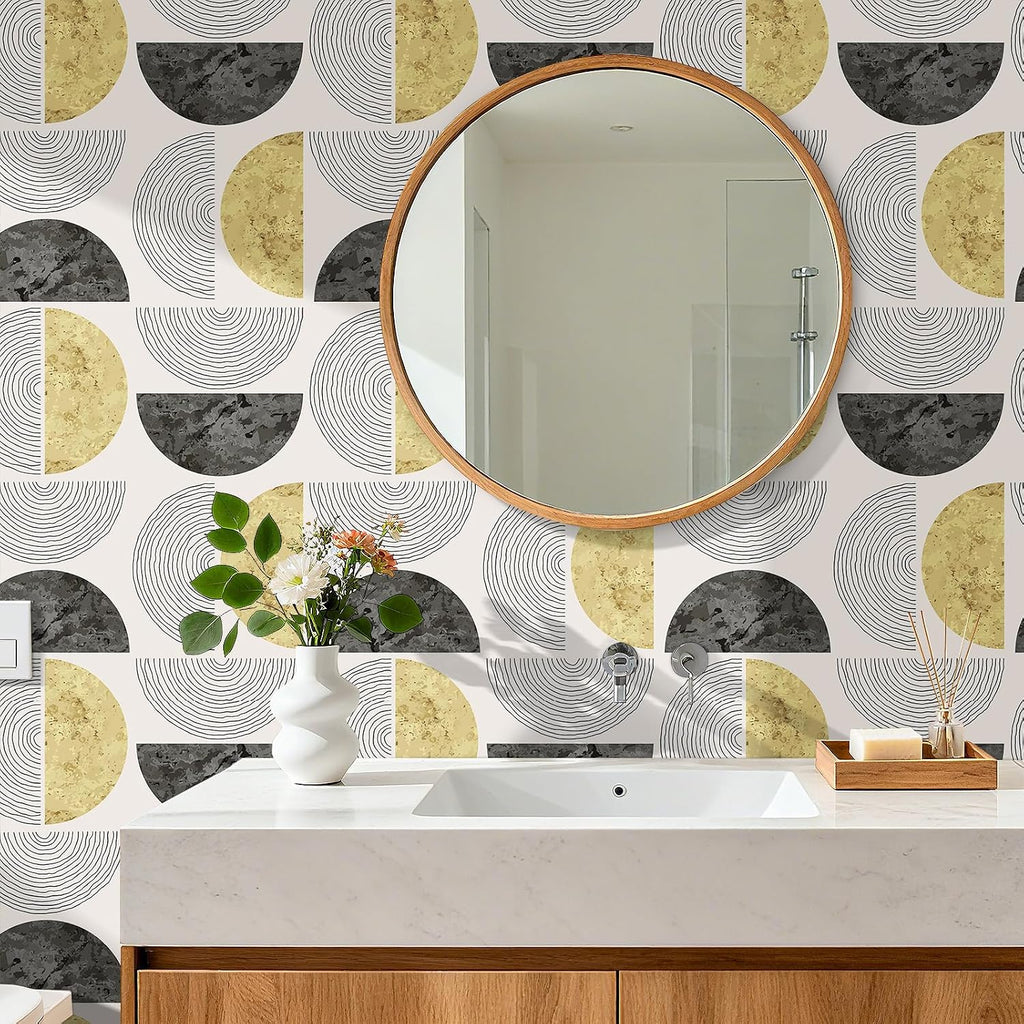 17.5"x275" Mid Century Modern Geometric Peel and Stick Wallpaper Gold Black Half Circle Wallpaper Bedroom Wall Paper