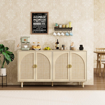 Rattan 4 Door Accent Sideboard Cabinet, Storage Buffet with Adjustable Shelves & Solid Wood Legs, Credenza with