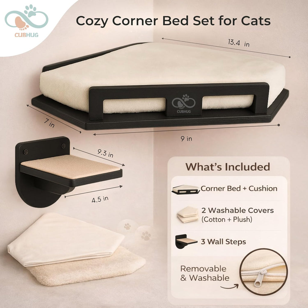 Cat Wall Shelves, Solid Wood Corner Bed, 3 Steps, Up to 25 lb, Black