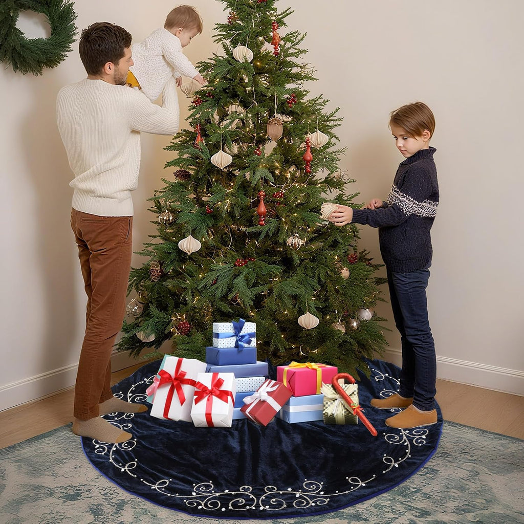 48inch Christmas Tree Skirt Navy Blue Luxury Velvet Plush Fur Skirts Baroque Tree Skirts with Gold Embroidered Pearls